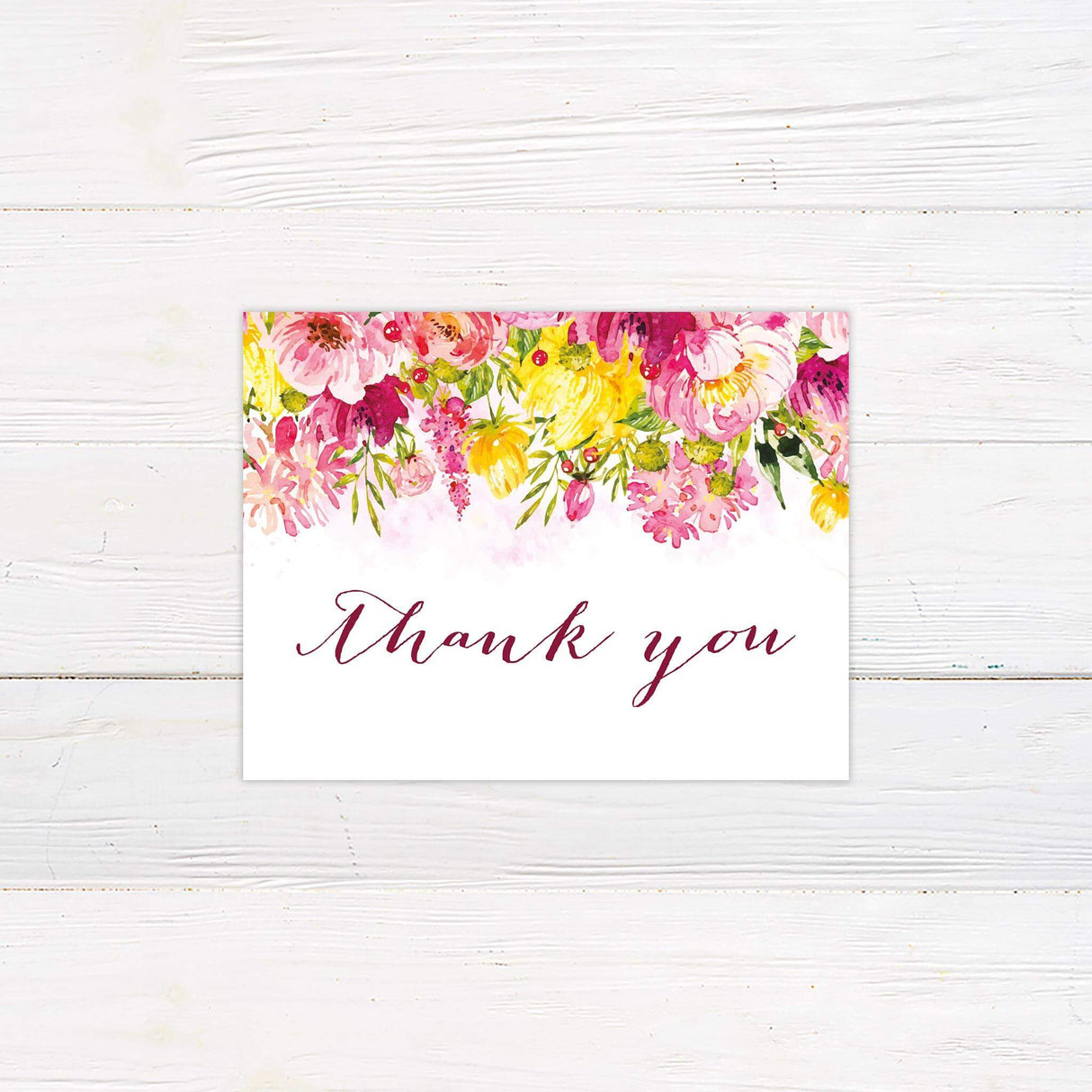 Modern thank you card with deep pink and blush watercolor florals on the top of the thank you card.