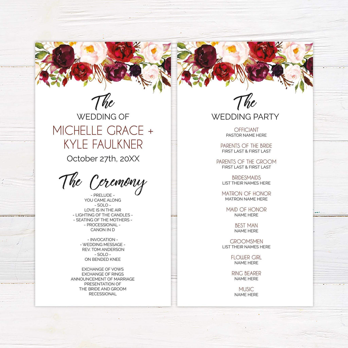 Program card with deep red, burgundy, blush, and ivory watercolor floral accent and modern script.