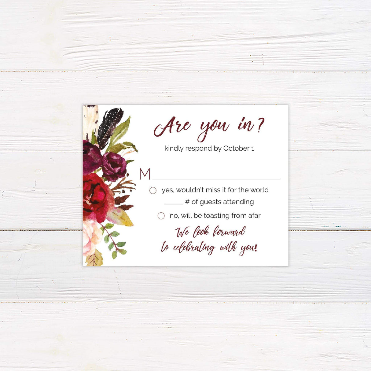 Wedding RSVP card with deep red, burgundy, blush, and ivory watercolor floral accent and modern script.