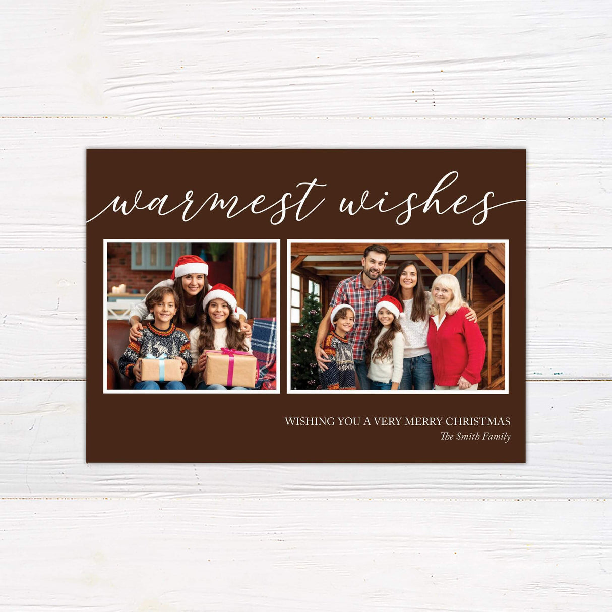 Modern Warmest Wishes Christmas card with two family photo collage, chocolate brown background, handwritten script, and festive holiday greeting.