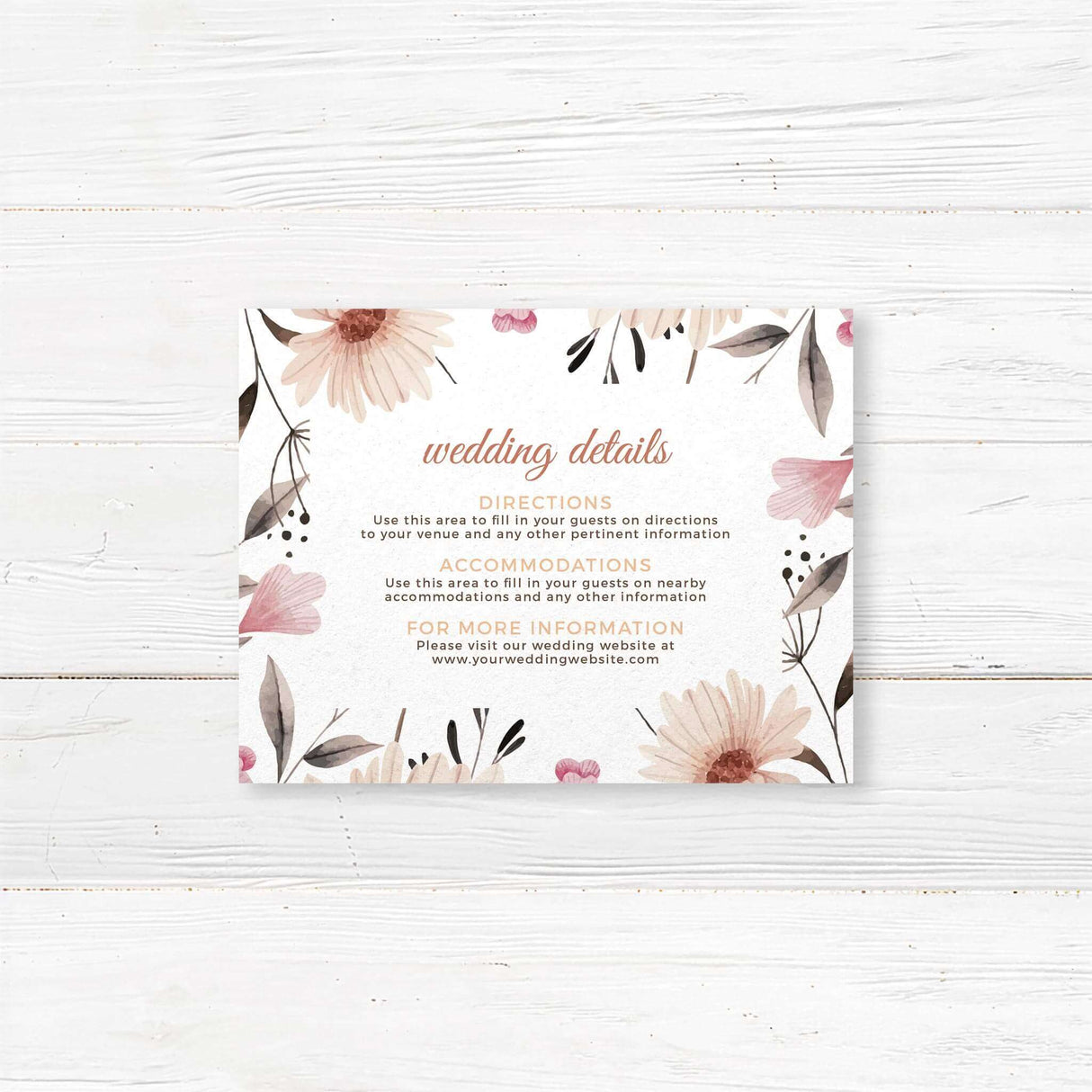 Minimalist wedding details card featuring delicate floral illustrations and modern calligraphy. Ideal for sharing accommodations, directions, or wedding website info. Printed on premium cardstock, this elegant insert perfectly complements a boho, rustic, or vintage wedding stationery suite.