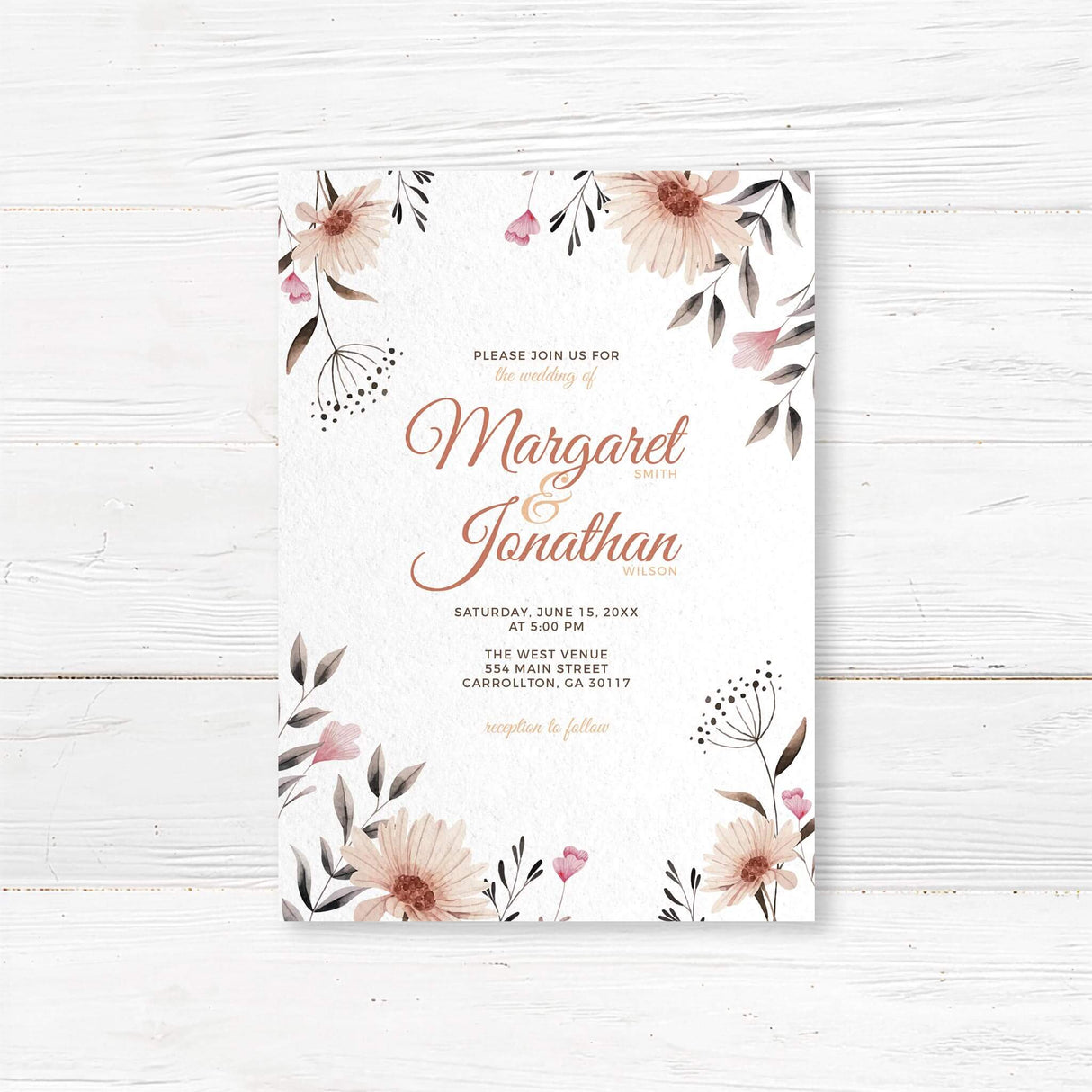 Elegant floral wedding invitation featuring soft watercolor wildflowers and botanical greenery on textured cardstock. Customizable with names, date, and venue details. Perfect for rustic, boho, garden, and outdoor weddings. Professionally printed with matching envelopes included for a complete wedding stationery suite.