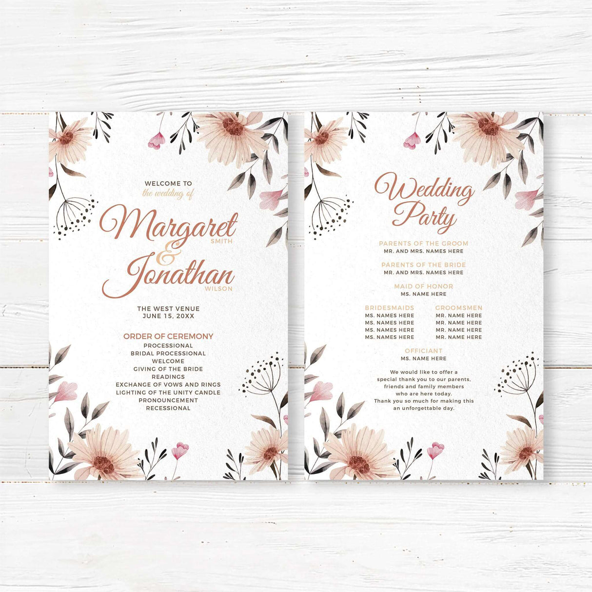 Stylish wedding ceremony program featuring soft floral accents and refined typography. Custom printed on high-quality cardstock with space for ceremony details, bridal party names, and personal messages. Perfect for elegant, rustic, or boho weddings, offering guests a clear guide to your special day.