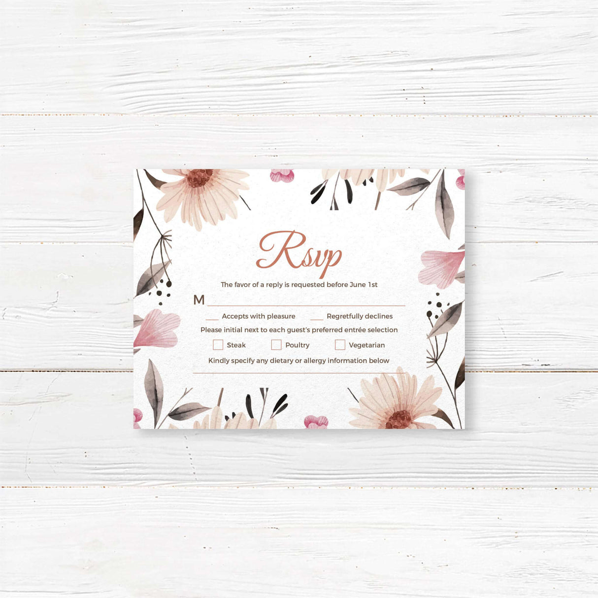 Floral RSVP card featuring soft watercolor wildflowers and elegant script. Customizable with meal selections and guest responses. Professionally printed on luxury cardstock for a polished finish. A perfect addition to rustic, boho, and elegant wedding invitation suites, ensuring seamless guest coordination