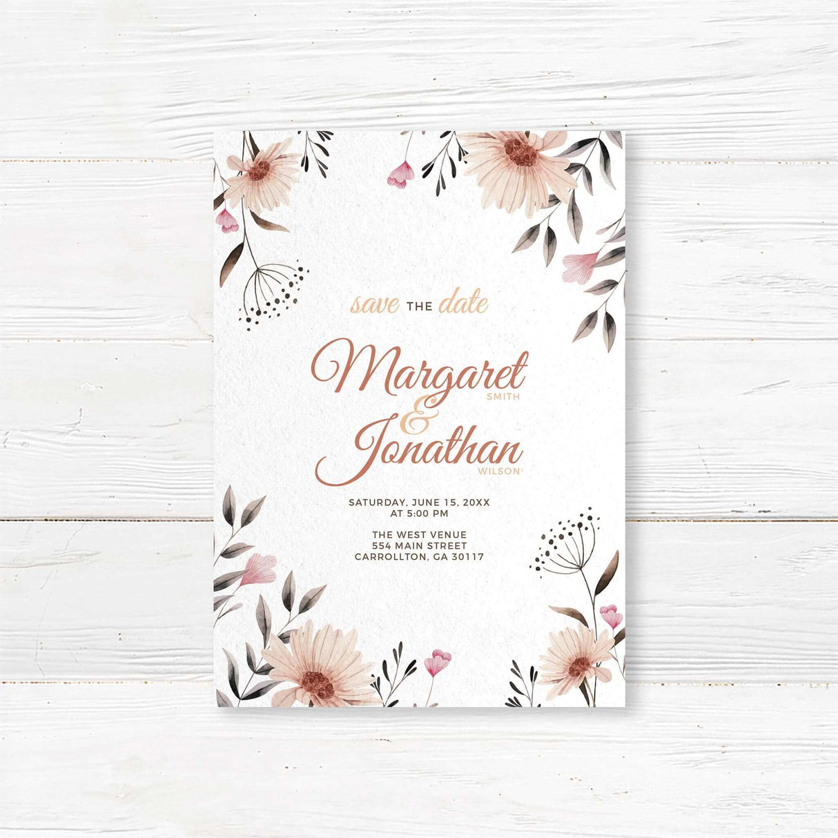 Romantic floral save the date card with watercolor flowers and elegant script. Printed on high-quality cardstock with envelopes included. Customizable with names, date, and location. Ideal for rustic, boho, and nature-inspired weddings. A beautiful way to announce your special day and ensure guests mark their calendars.