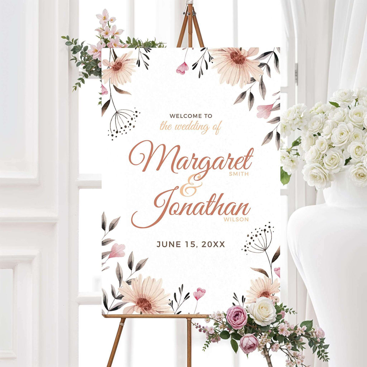 Custom wedding welcome sign featuring romantic hand-painted florals and modern script. Printed on durable foam core or poster board for a polished display. Available in multiple sizes for easy placement at the entrance of your ceremony or reception. Ideal for rustic, boho, and outdoor weddings
