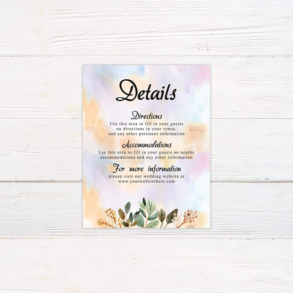 Romantic details card with watercolor lake and sunset sky in orange, purple, and pastel hues.