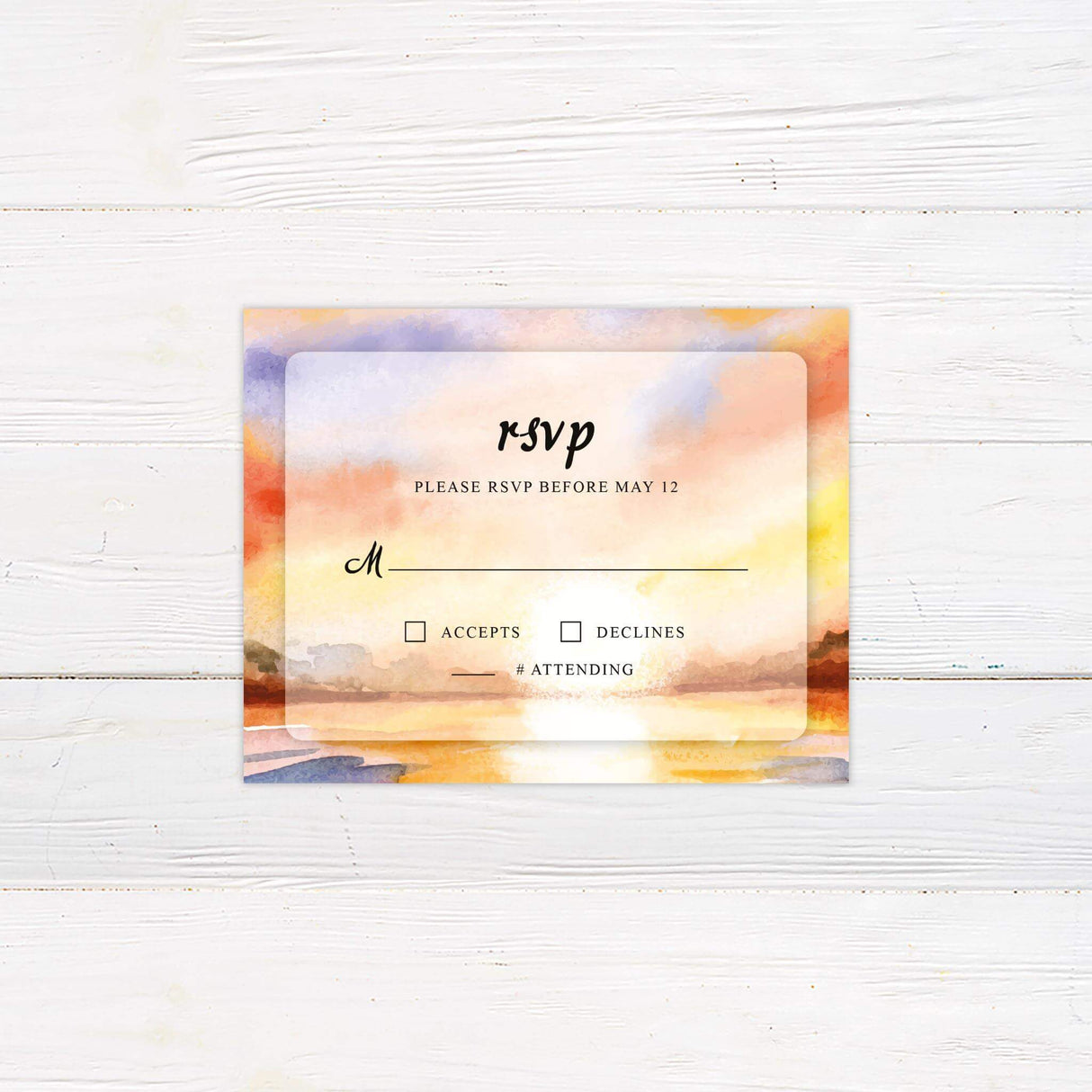 Romantic RSVP card with watercolor lake and sunset sky in orange, purple, and pastel hues.