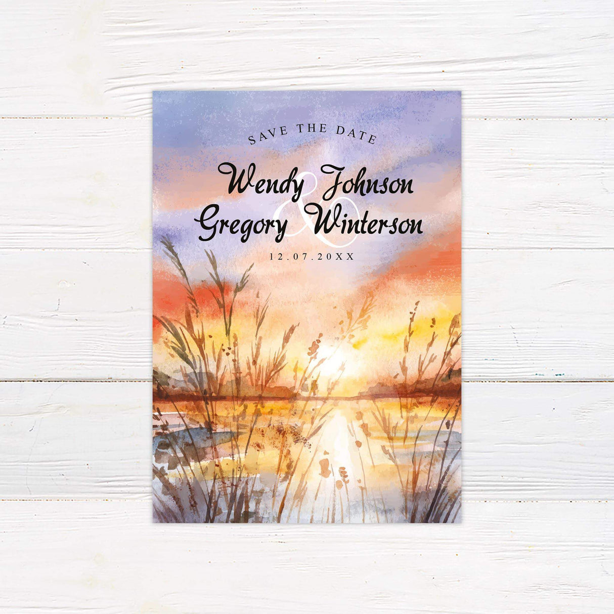 Watercolor Lake Sunset Save The Date - goprintplus