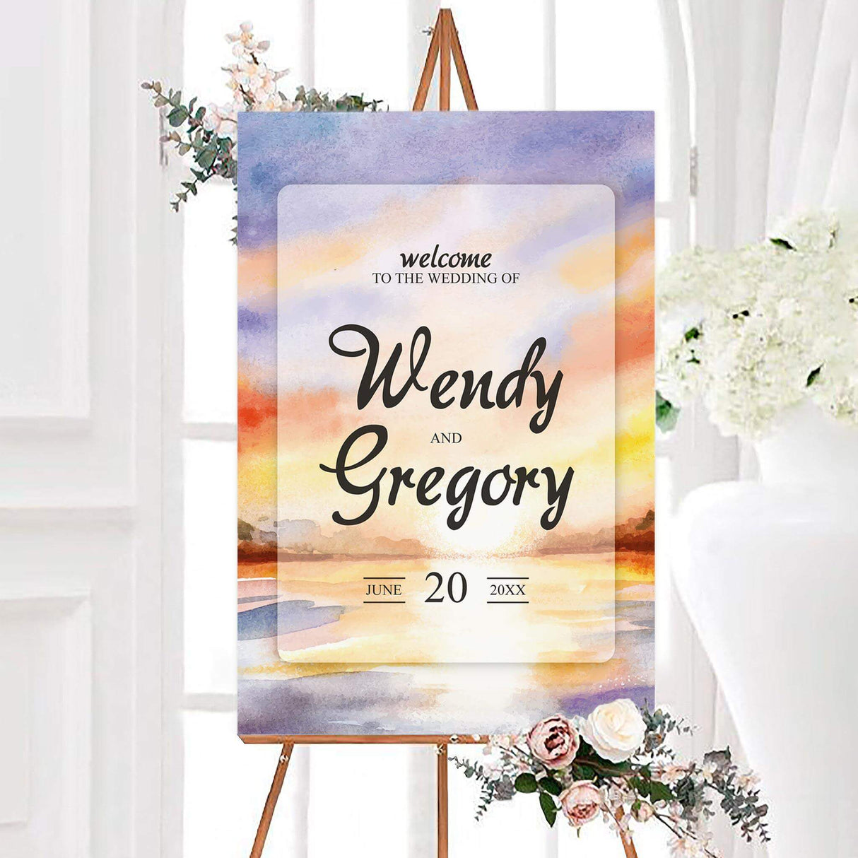 Watercolor lake sunset wedding welcome sign featuring a watercolor lake landscape at sunset with elegant personalized typography. A scenic wedding sign designed for a lakeside, waterfront, or outdoor ceremony and reception.