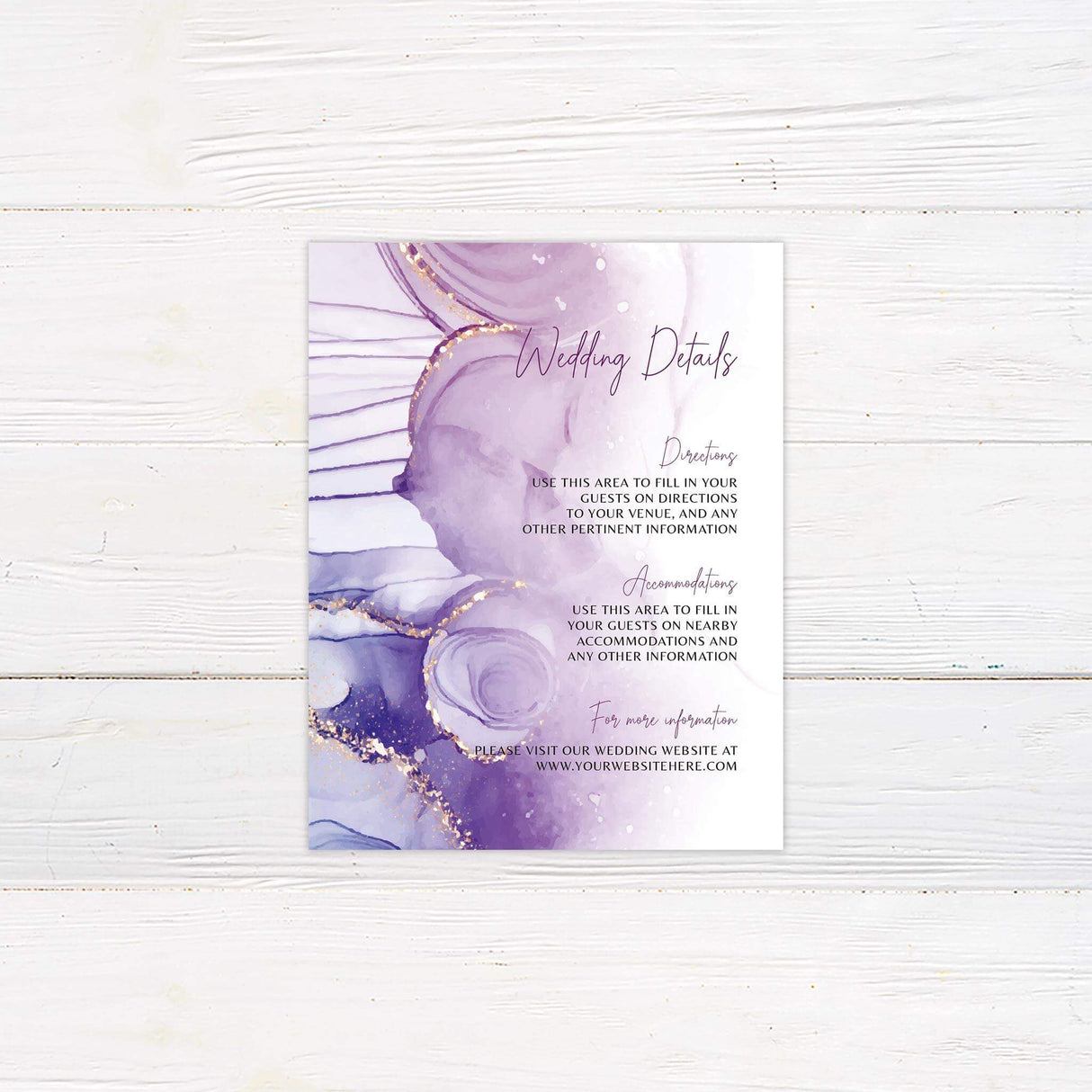 Watercolor-themed detail card with lavender tones and modern serif text.