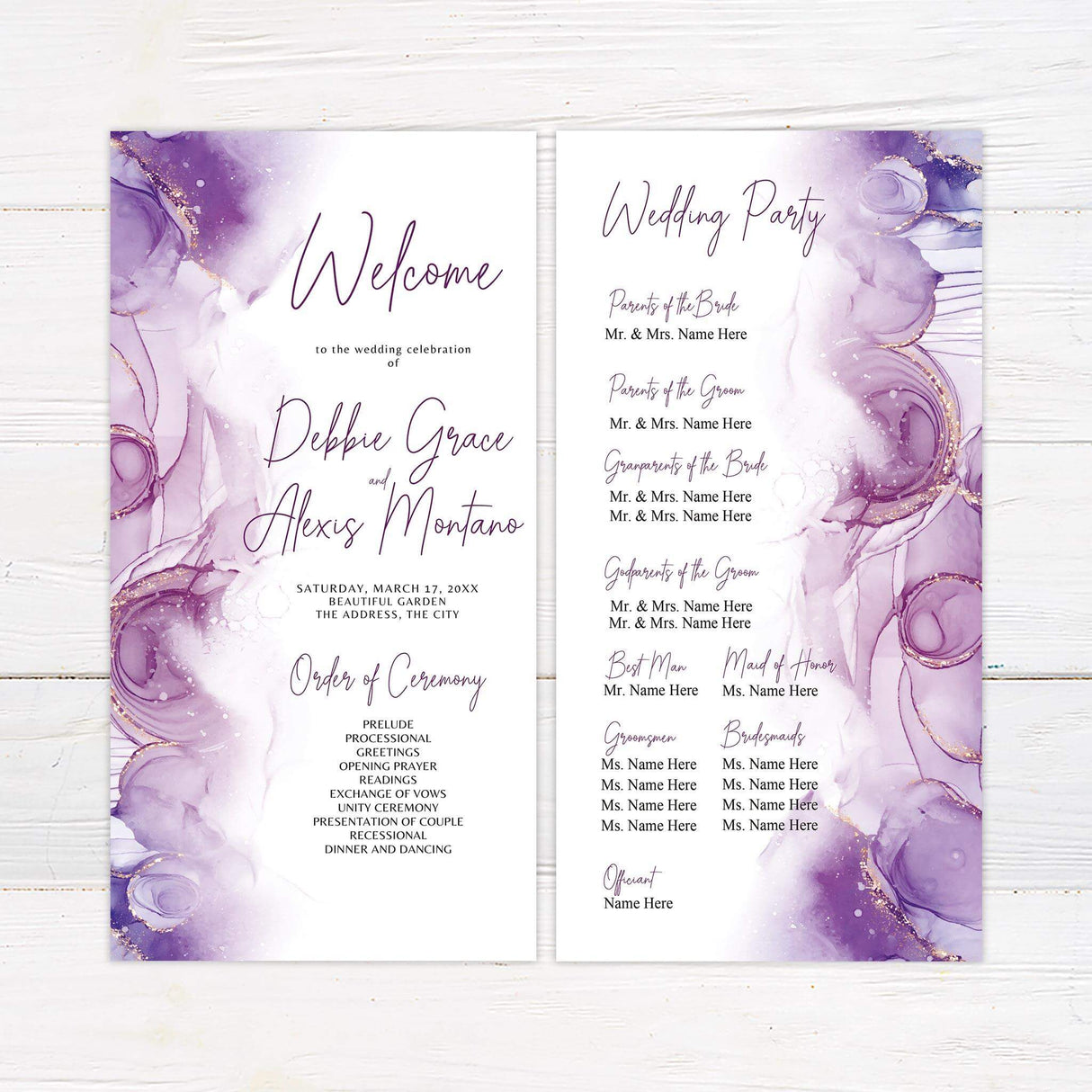 Ceremony program featuring abstract purple design and clear, elegant layout.