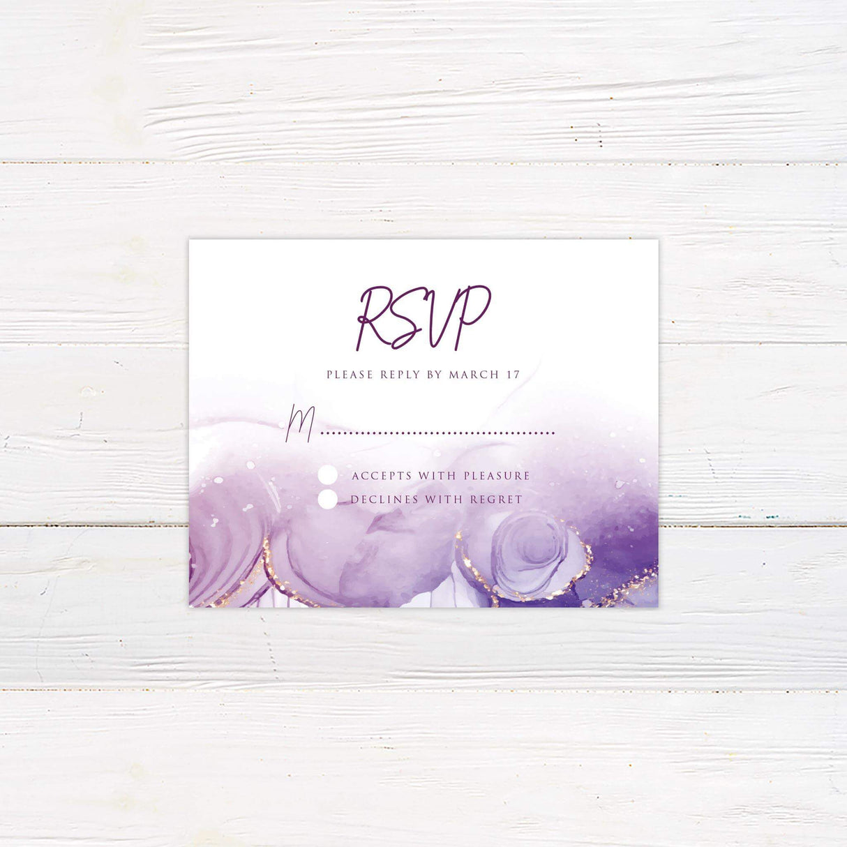 Matching RSVP card with purple watercolor wash and coordinating script fonts.