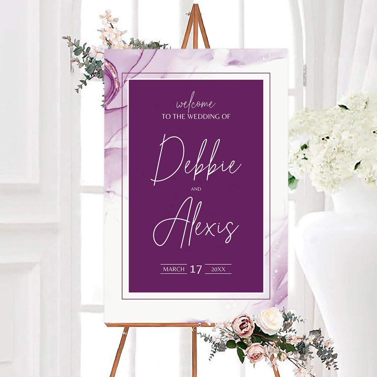 Large welcome sign with purple abstract background and stylish white script.