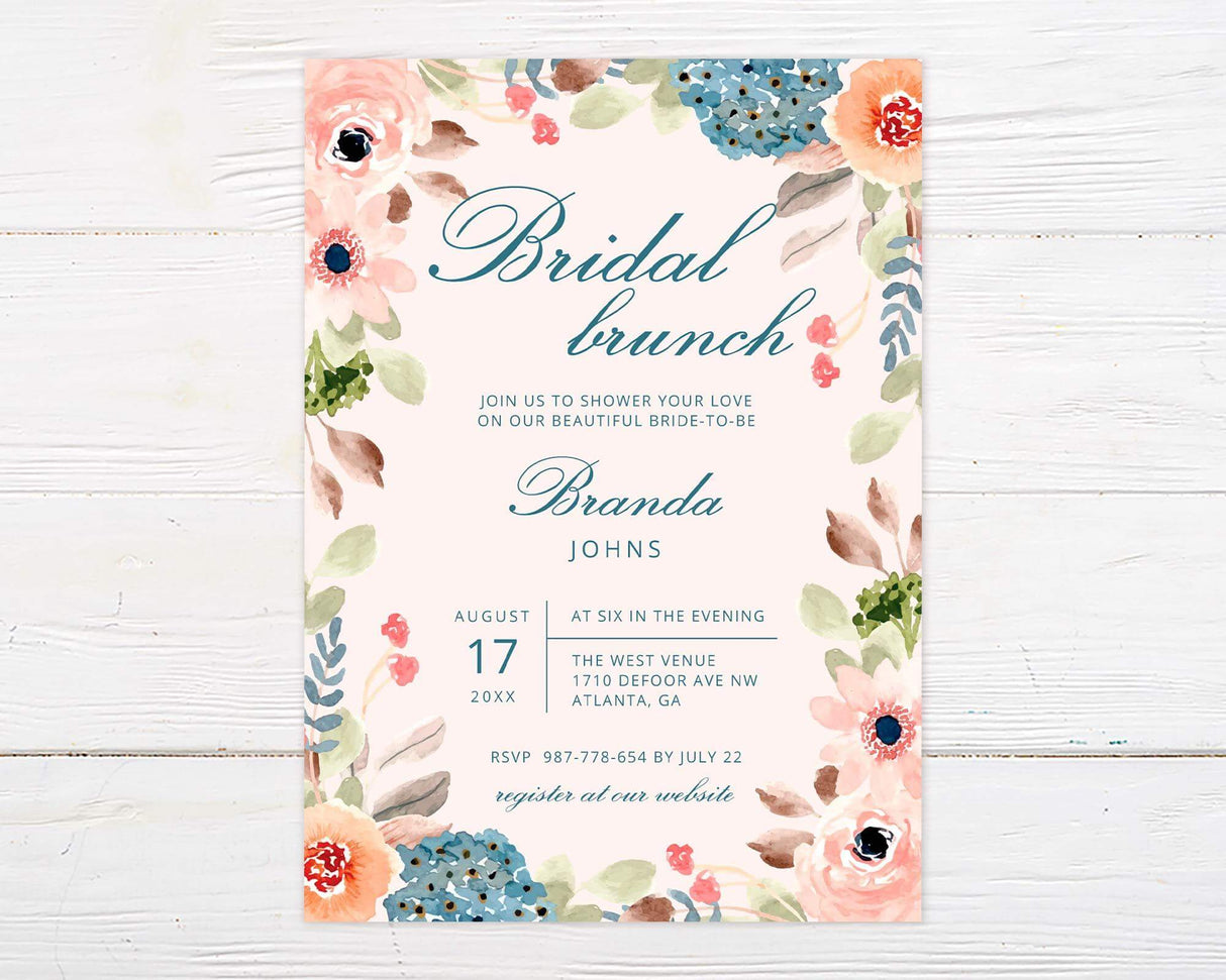 Bridal brunch invitation with pastel watercolor floral bouquet and elegant script, ideal for garden or springtime bridal shower celebrations.