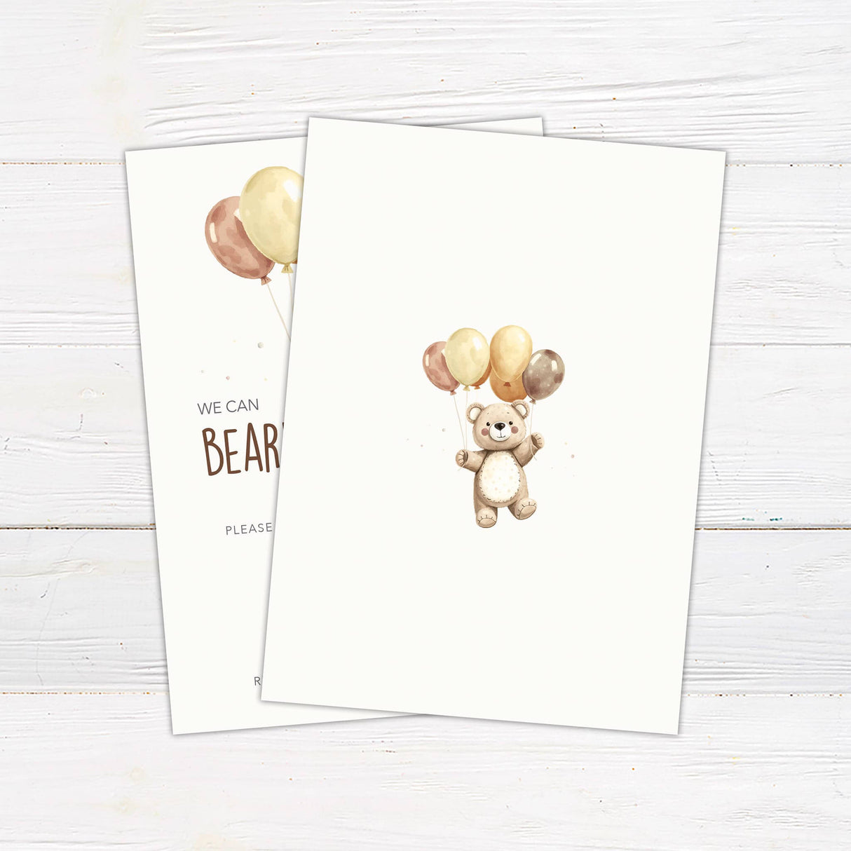 Watercolor teddy bear baby shower invitation with a beige and brown color palette. Features a plush teddy bear holding pastel balloons in shades of gold, brown, and tan. The phrase "We Can Bearly Wait" is written in playful typography, matching the bear theme. The event details, including the honoree's name, date, time, location, and registry information, are displayed in a mix of serif and script fonts. The design is soft, warm, and gender-neutral, perfect for a baby shower celebration. Back.