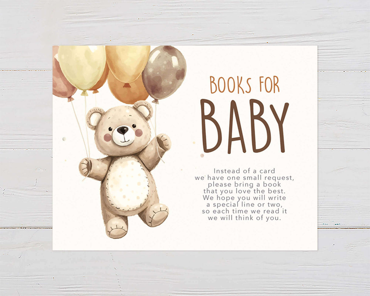 Watercolor teddy bear holding balloons on 'Books for Baby' shower invitation, featuring a message for guests to bring a special book.