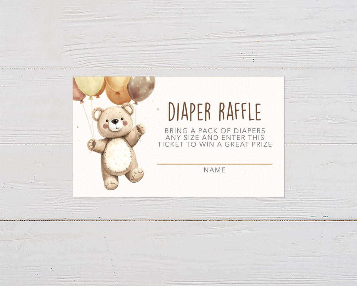 Diaper raffle card with watercolor teddy bear holding balloons, for We Can Bearly Wait baby shower event.