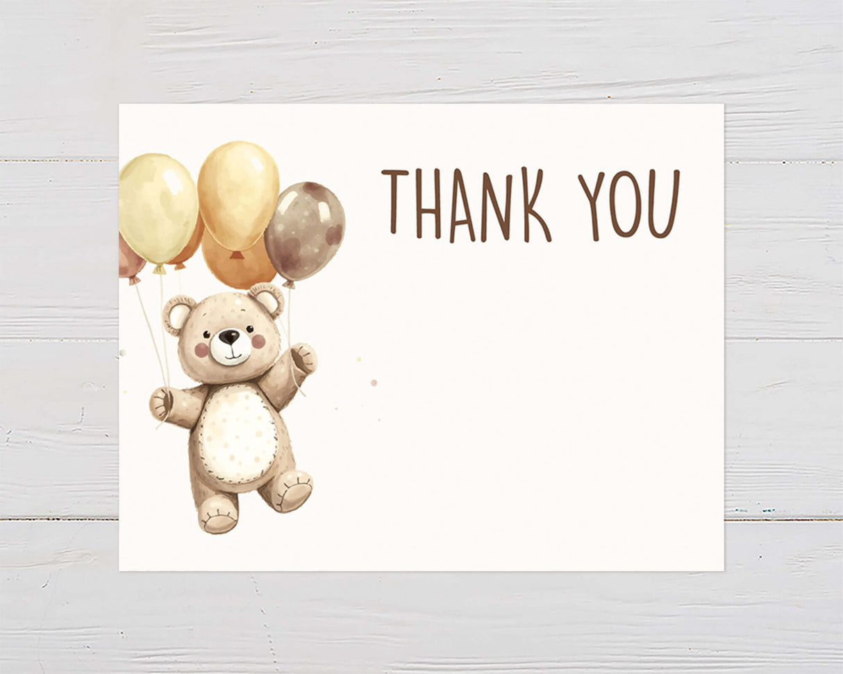 Watercolor teddy bear with balloons baby shower thank you card