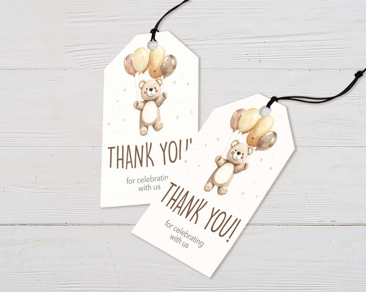 Teddy bear baby shower thank you tags with balloons, featuring "Thank You for celebrating with us" text on white background.