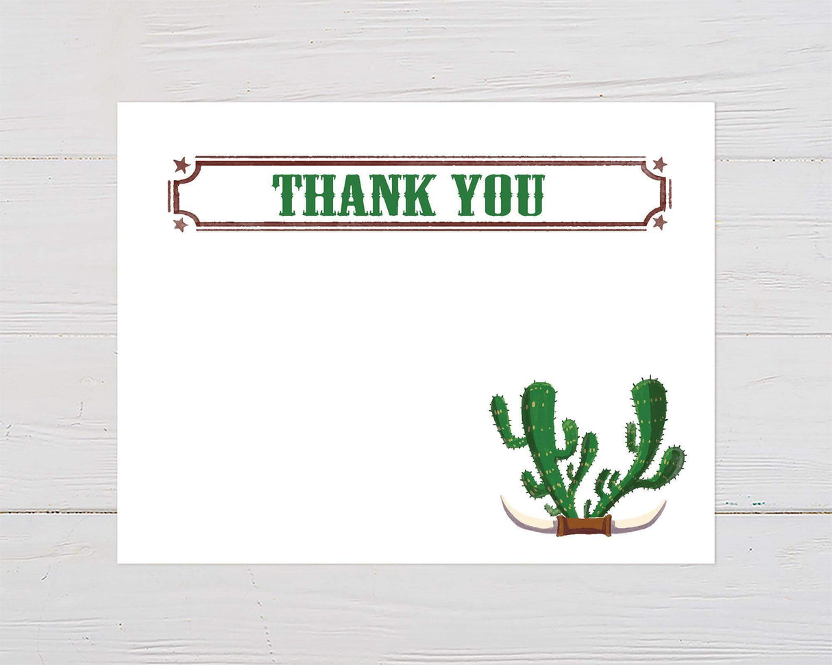 This thank you card features a western-themed design with bold green "THANK YOU" text framed by a rustic brown border with star accents. A green cactus with longhorn horns sits in the bottom right corner on a plain white background.