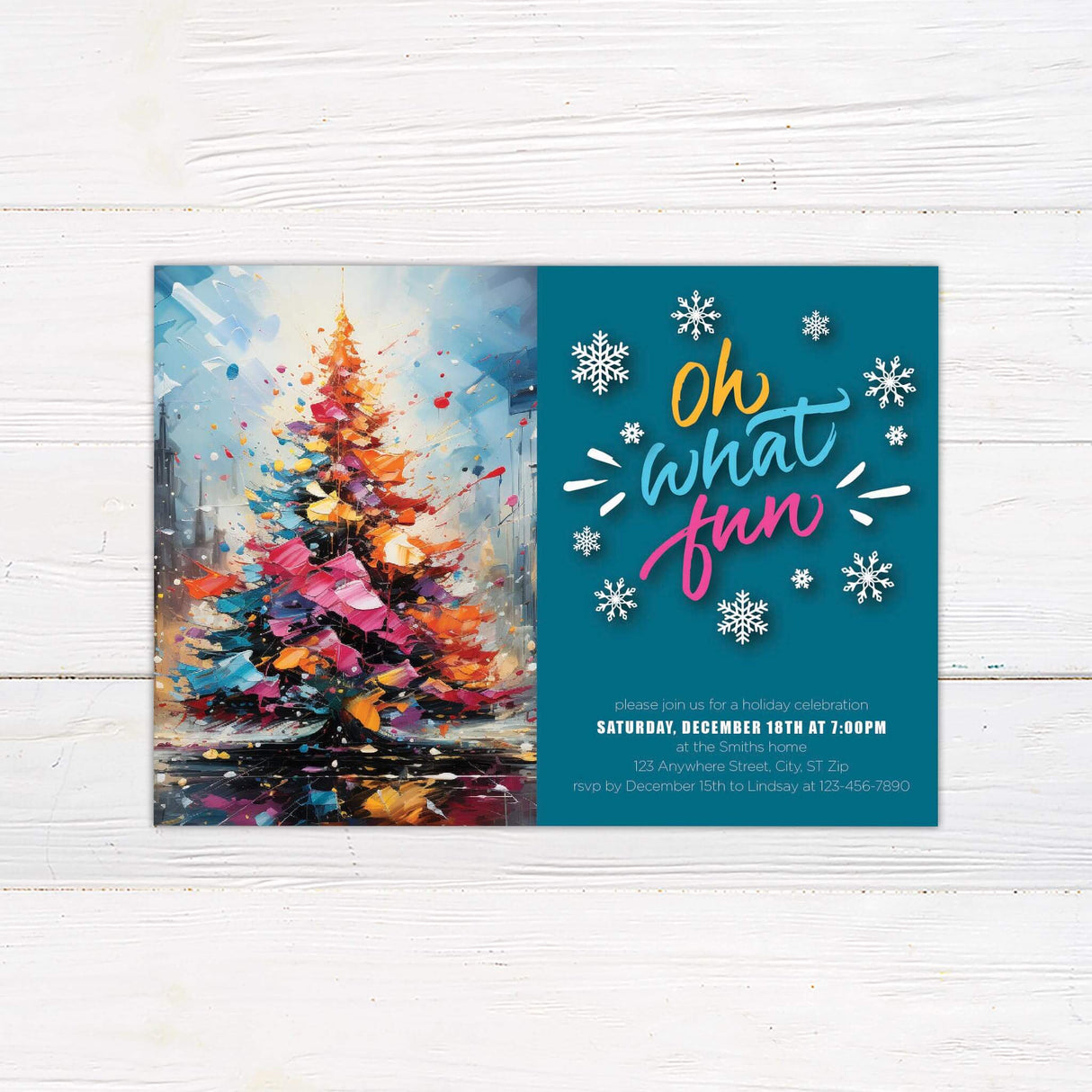 A holiday party invitation with colorful festive artwork and bold script text. The design features a cheerful seasonal theme with a modern style.