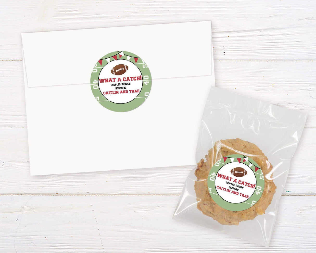 A "What a Catch" football-themed couples shower invitation sticker with field markings and bold text. The design uses red, green, and white colors.