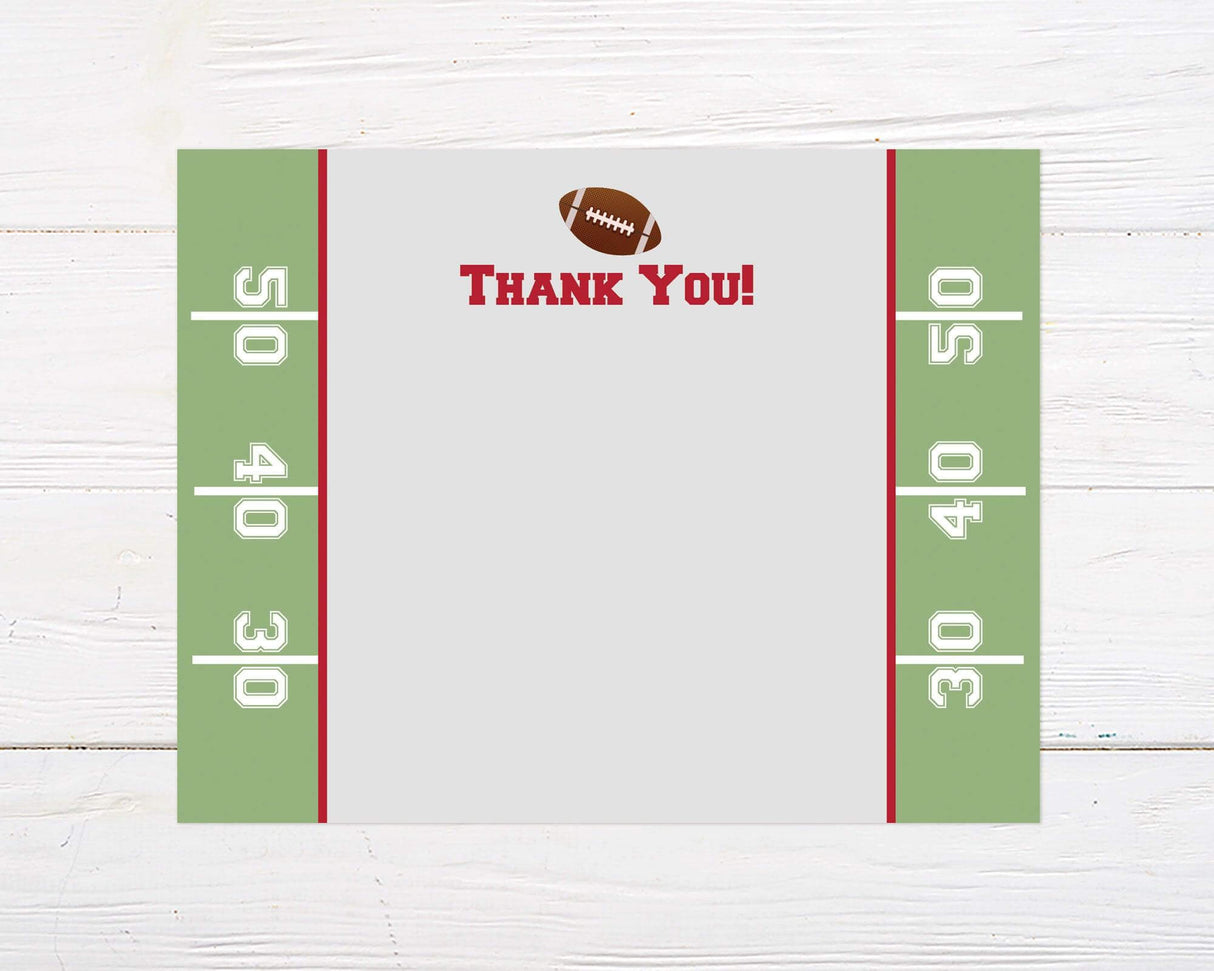 A "What a Catch" football-themed couples shower invitation with field markings and bold text. The design uses red, green, and gray colors with space to leave a message to all your guests.