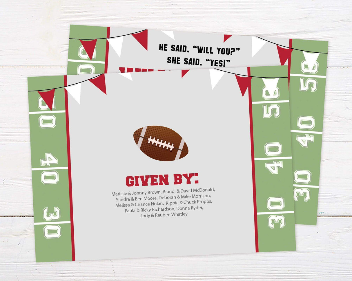 A "What a Catch" football-themed couples shower invitation with field markings and bold text. The design uses red, green, and gray colors. - back.