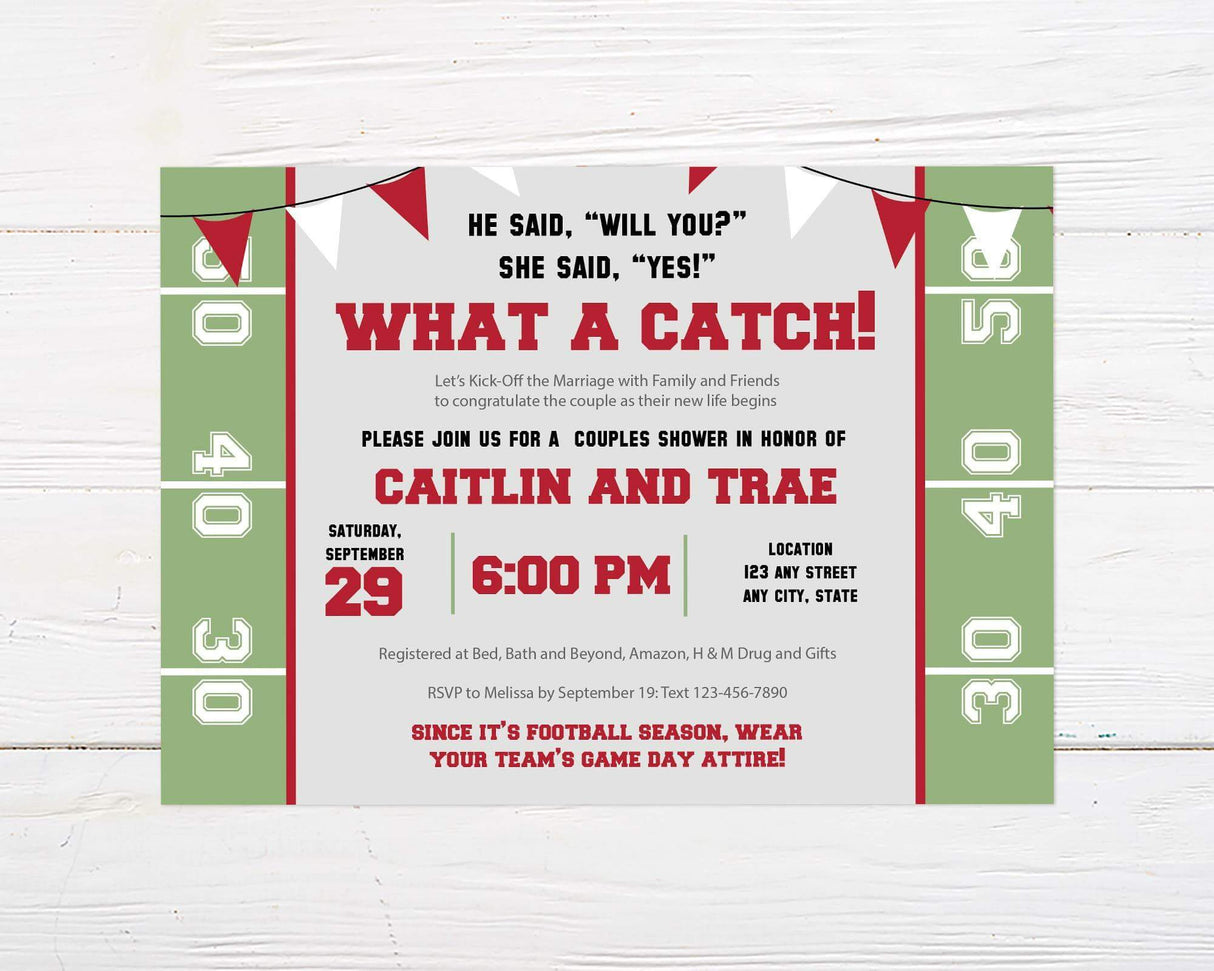 A "What a Catch" football-themed couples shower invitation with field markings and bold text. The design uses red, green, and gray colors.