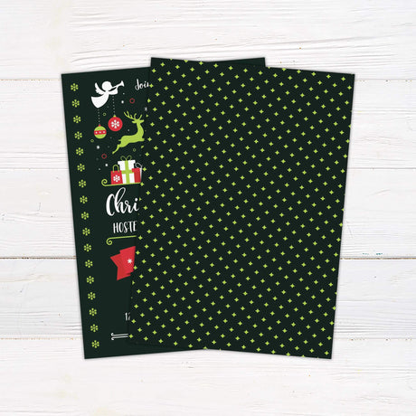 Whimsical green and red Christmas party invitation with angels, reindeer, gifts, and tree on dark background, featuring decorative fonts and festive graphics. back side