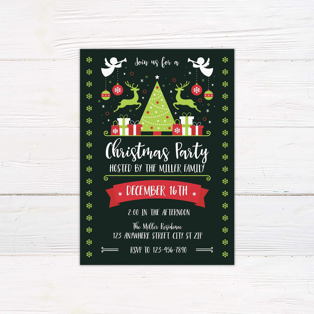 Whimsical green and red Christmas party invitation with angels, reindeer, gifts, and tree on dark background, featuring decorative fonts and festive graphics.