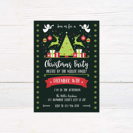 Whimsical green and red Christmas party invitation with angels, reindeer, gifts, and tree on dark background, featuring decorative fonts and festive graphics.