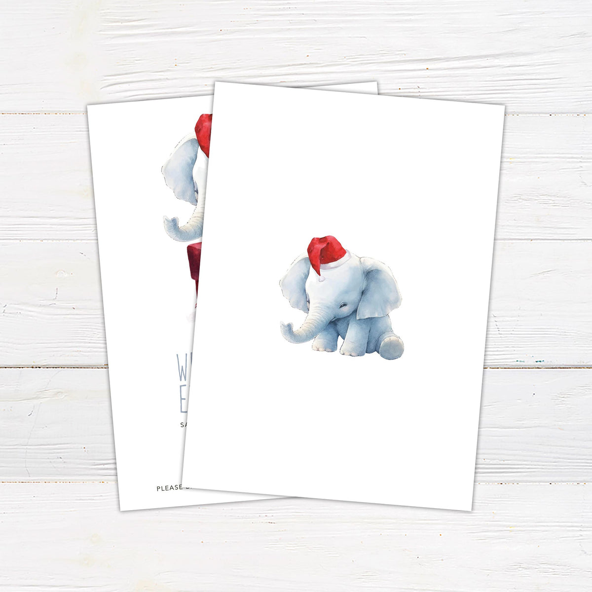 Whimsical White Elephant wearing a Santa hat sitting on a red gift box, featured on a White Elephant Exchange party invitation. - back.