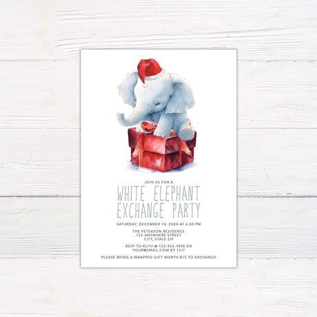 Watercolor white elephant wearing a Santa hat sitting on a red gift box, featured on a White Elephant Exchange party invitation.