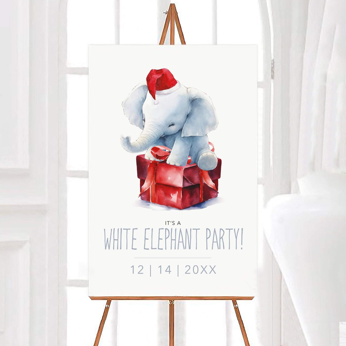 Watercolor white elephant wearing a Santa hat sitting on a red gift box, featured on a White Elephant Exchange party invitation. welcome sign