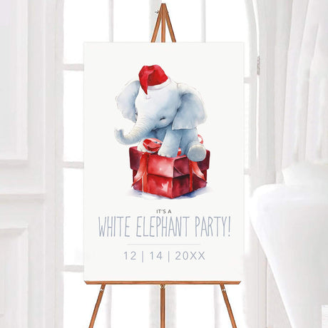 Watercolor white elephant wearing a Santa hat sitting on a red gift box, featured on a White Elephant Exchange party invitation. welcome sign