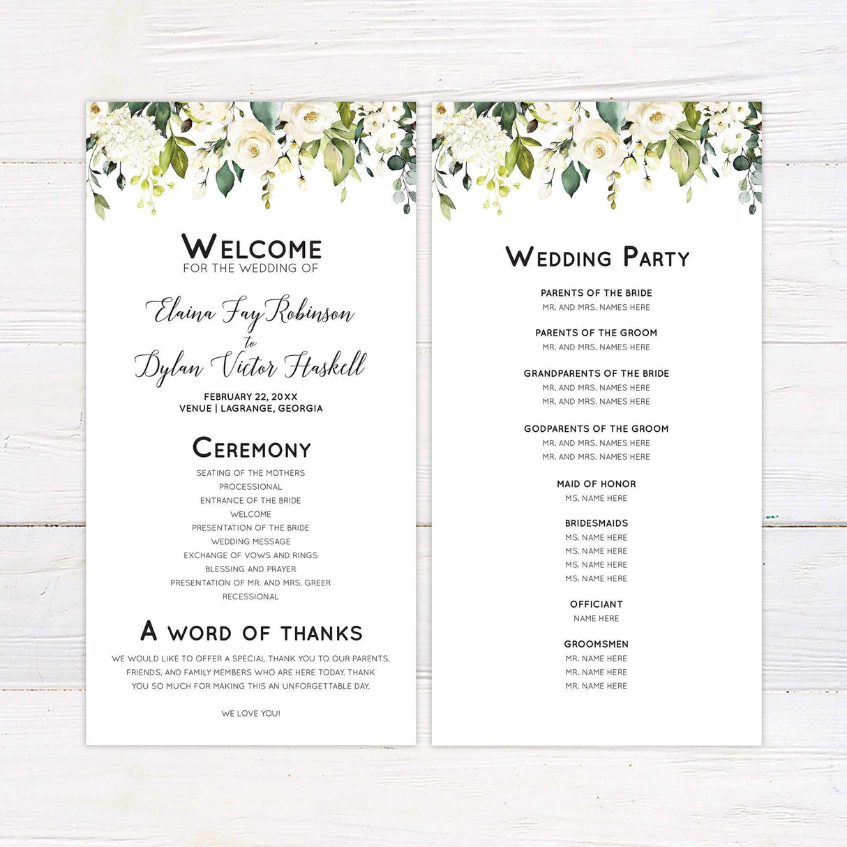 Program card with white and cream roses, greenery floral border, and elegant script font.