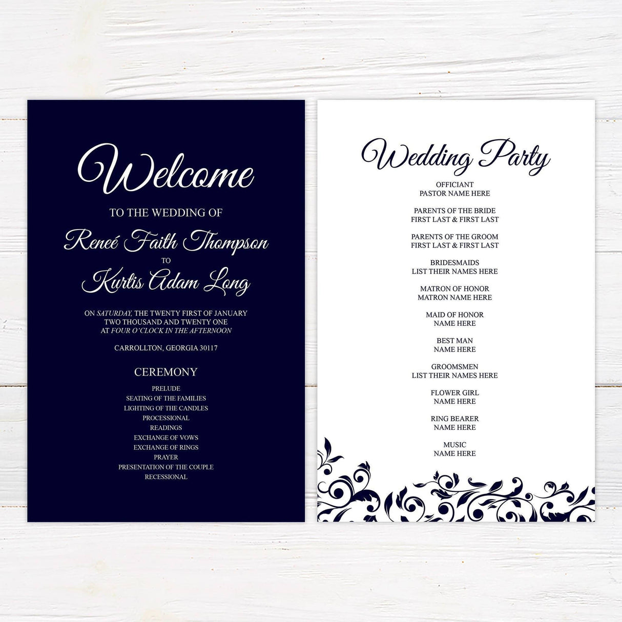Elegant wedding program with white vine motifs and structured layout on navy background.