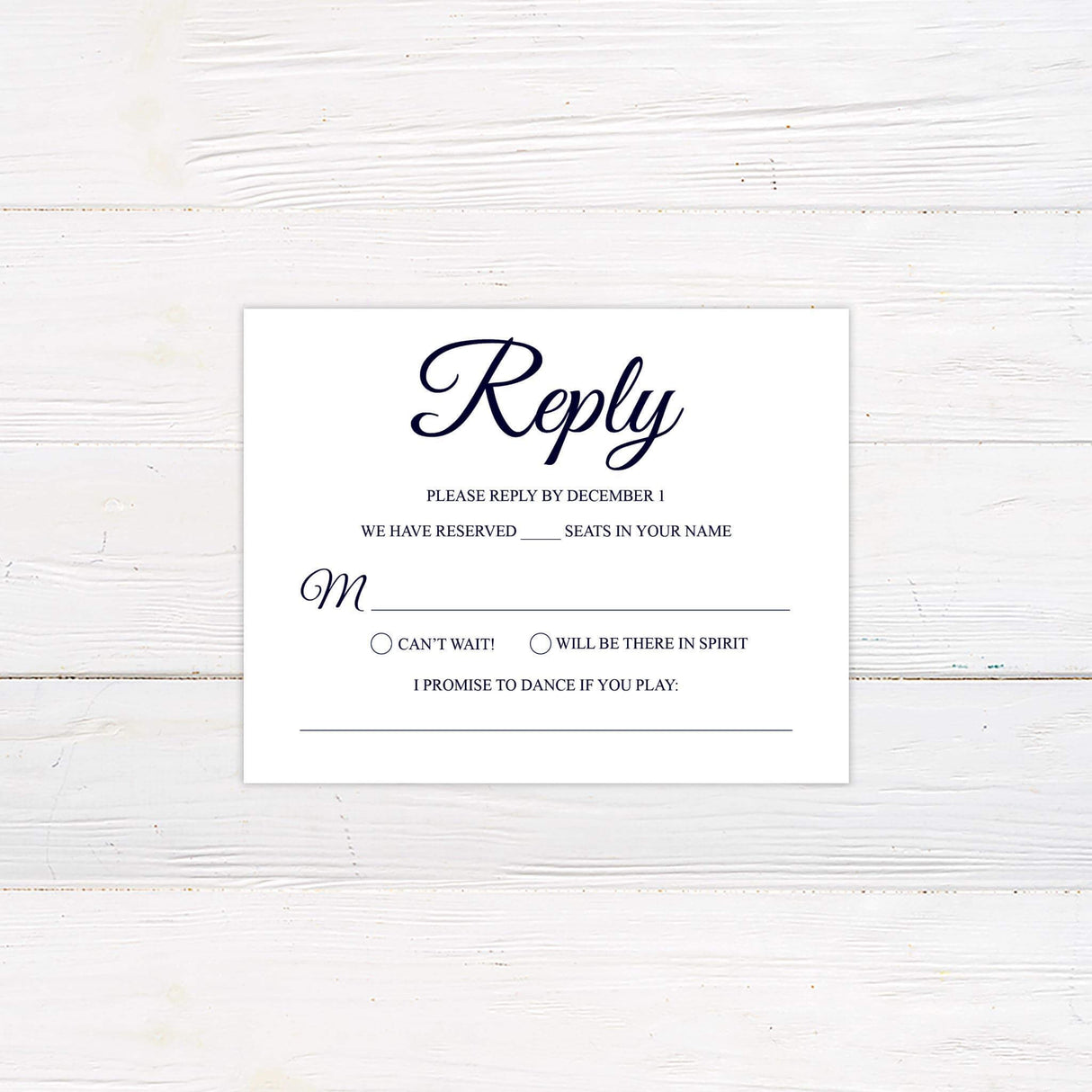 Matching RSVP card featuring white  background with formal script text.