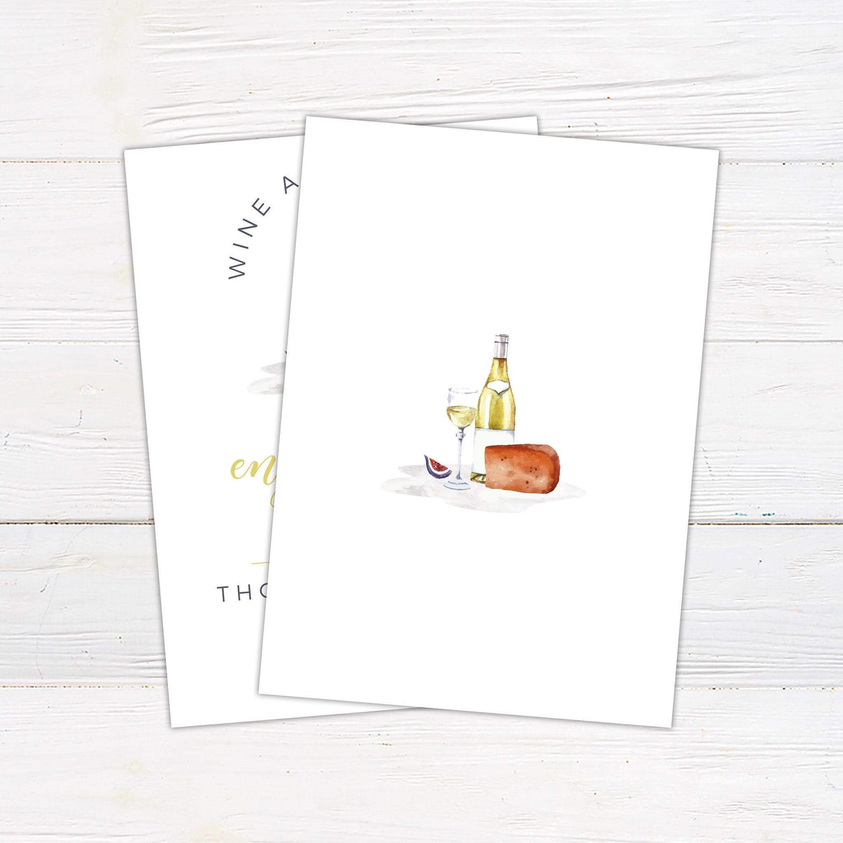 Elegant engagement party invitation with watercolor white wine bottle, glass, cheese, and fig. Script and modern fonts announce an engagement celebration.Back