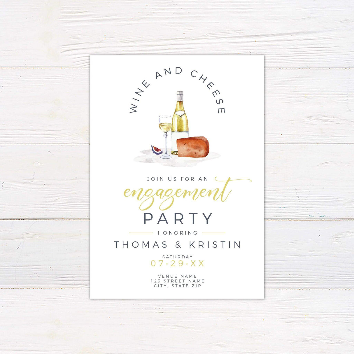 Elegant engagement party invitation with watercolor white wine bottle, glass, cheese, and fig. Script and modern fonts announce an engagement celebration.