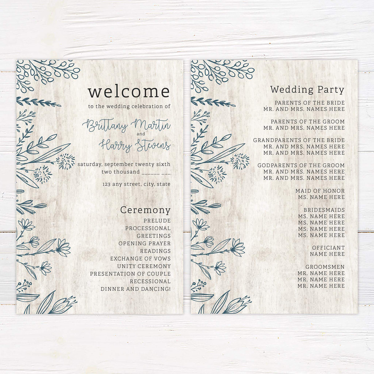 Wedding program featuring soft botanical elements over a light woodgrain design.