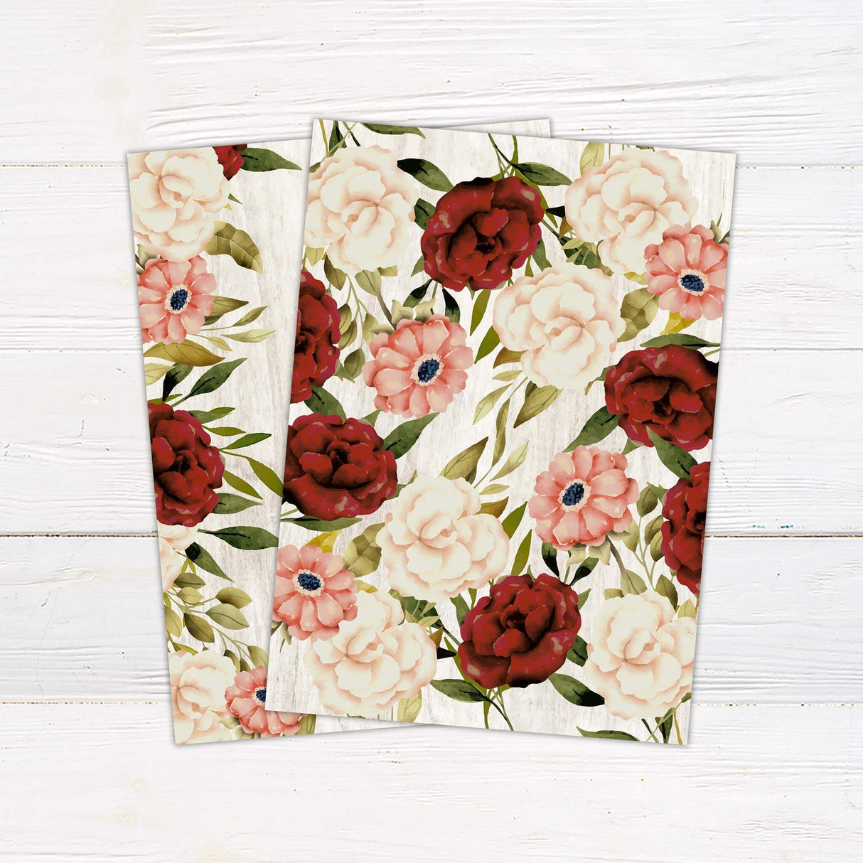 Rustic white wood wedding invitation with floral watercolor border in burgundy, blush, and cream, featuring elegant serif text in soft green and black. - back