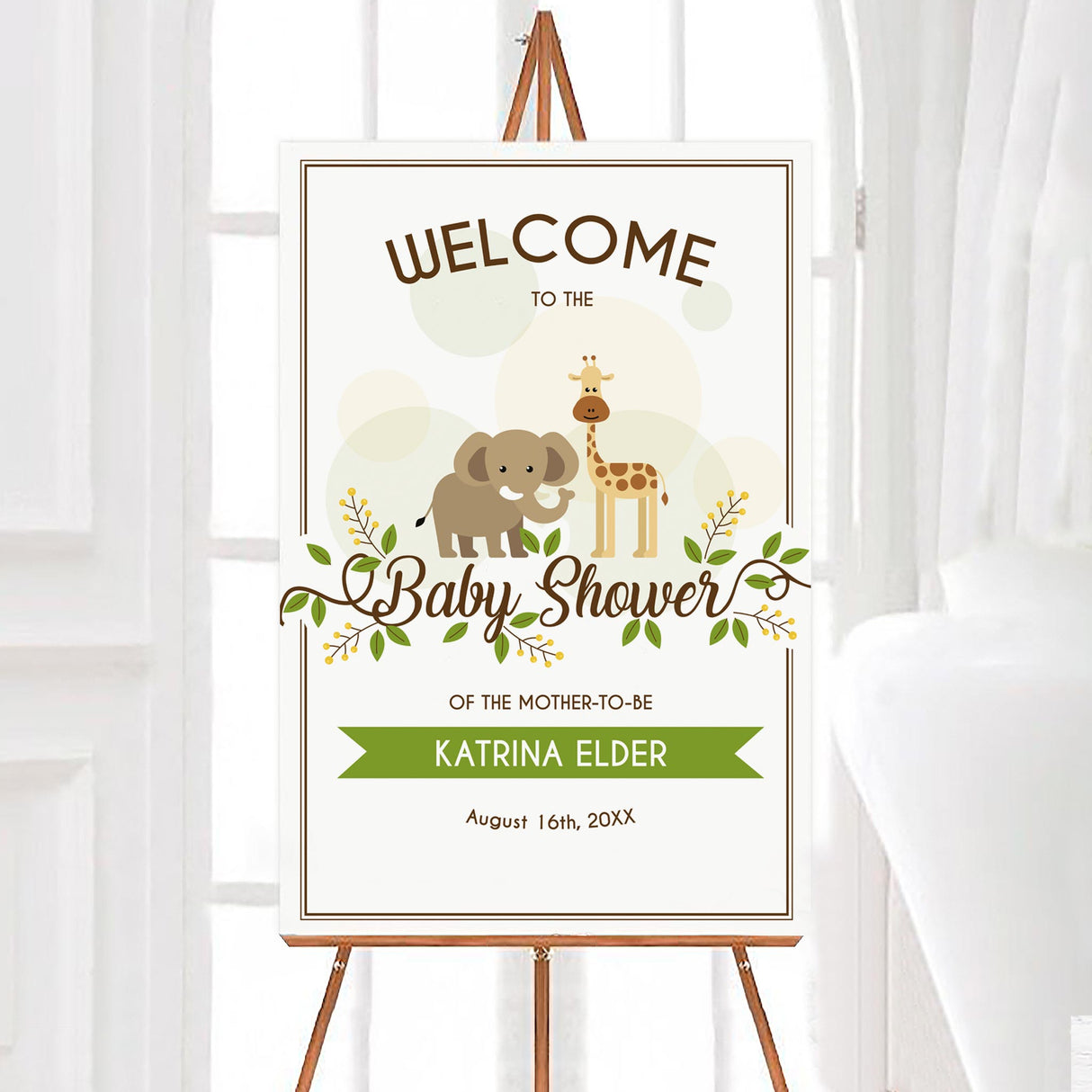 A wild animals baby shower welcome sign featuring an elephant and giraffe with greenery accents. The design uses soft neutral colors and playful animal illustrations.