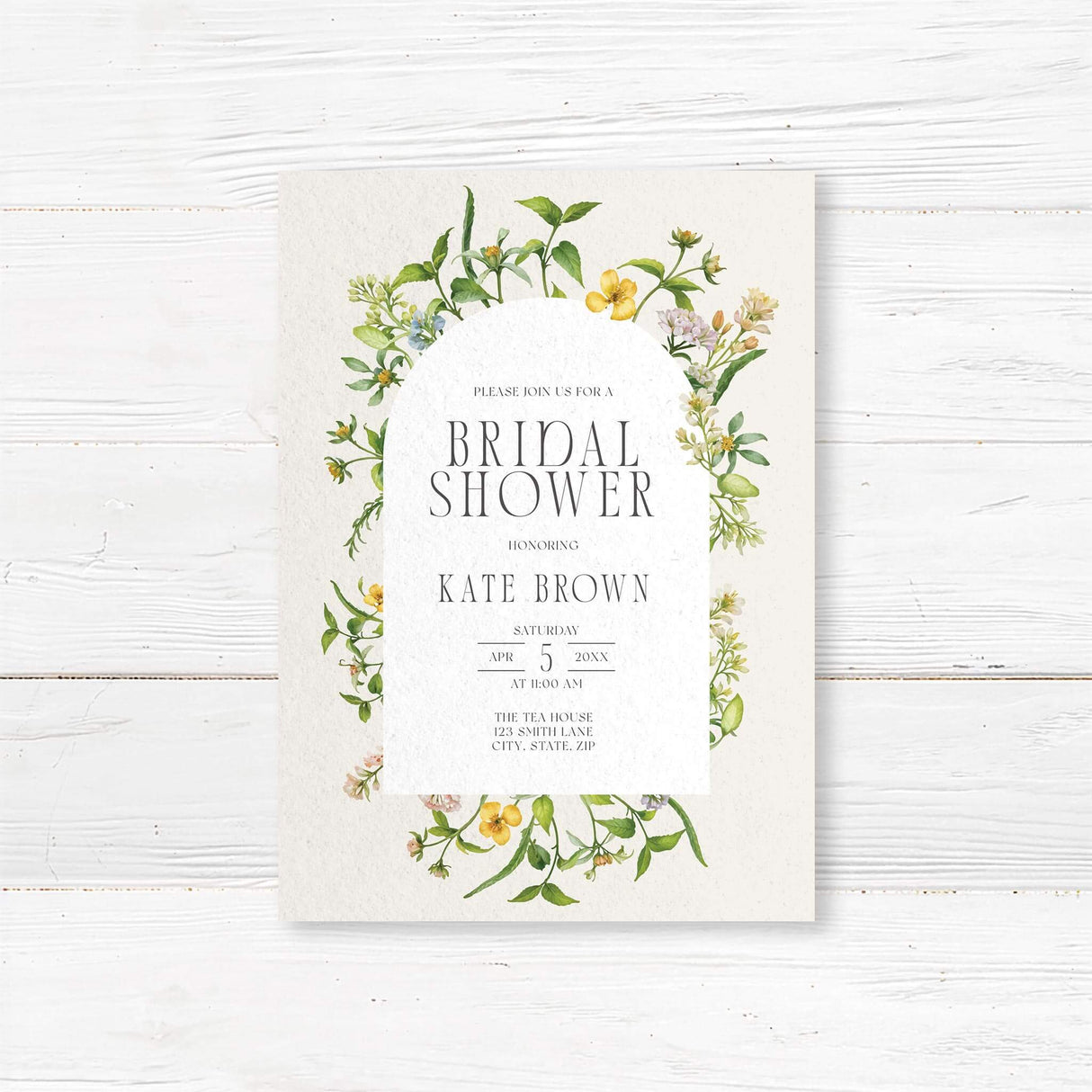 Bridal shower invitation featuring a delicate floral arch design with elegant typography. Customizable with the bride’s name and event details, perfect for garden or tea party-themed showers.