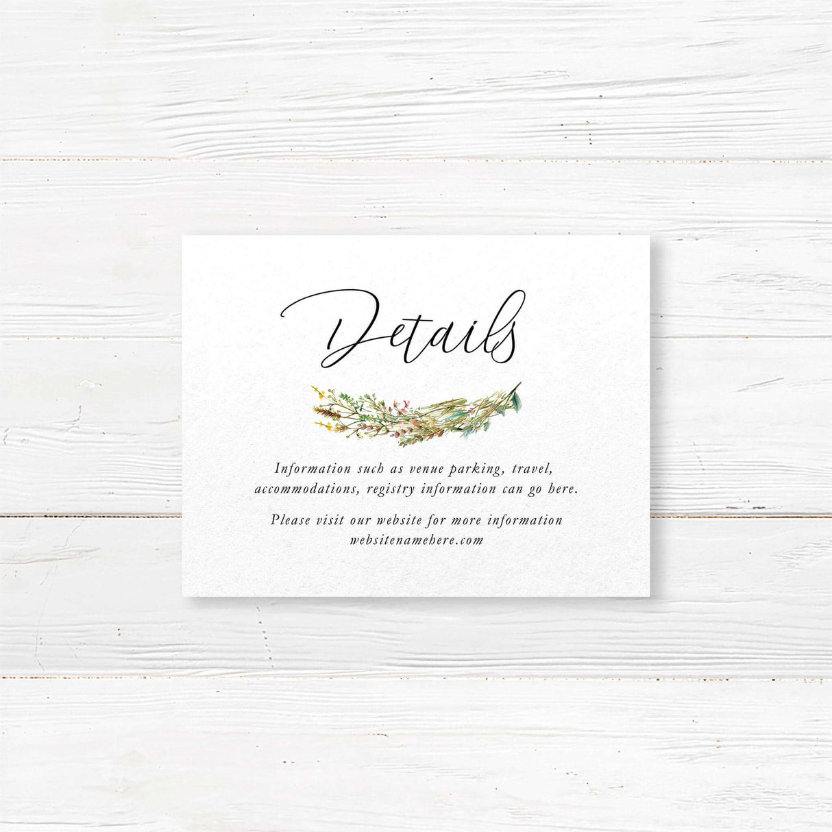 Wedding detail card with wildflower sprigs and clean serif text layout, designed to include directions, accommodations, or schedule for rustic weddings.