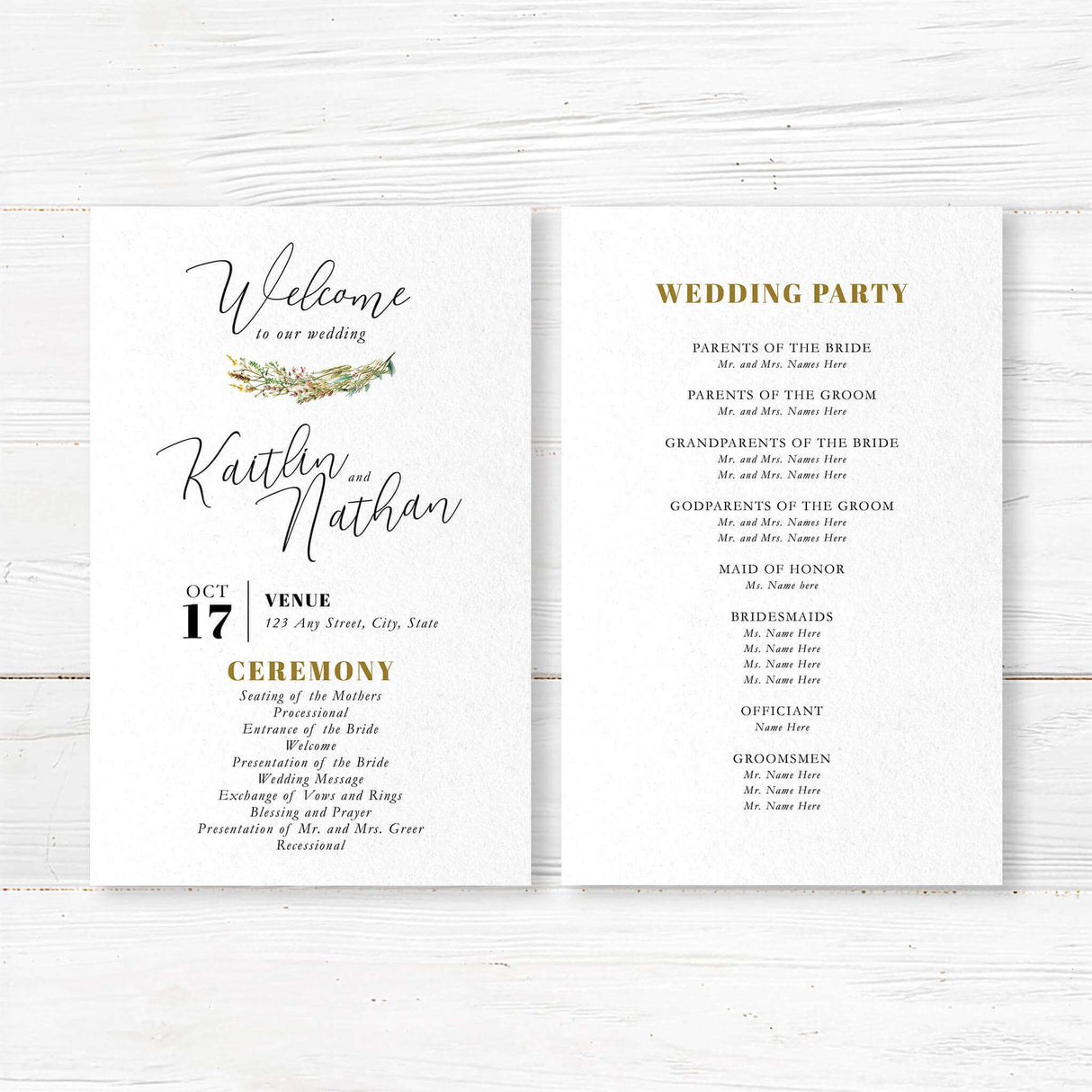 Printed wedding program card with delicate floral artwork and elegant font layout. Includes order of ceremony and wedding party for rustic weddings.