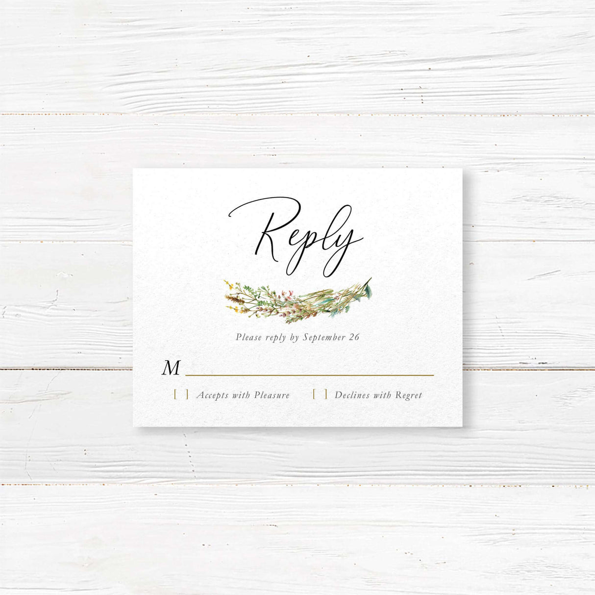 RSVP card with floral watercolor illustrations and minimal black serif text. Includes guest response options. Matches rustic wildflower wedding suite.