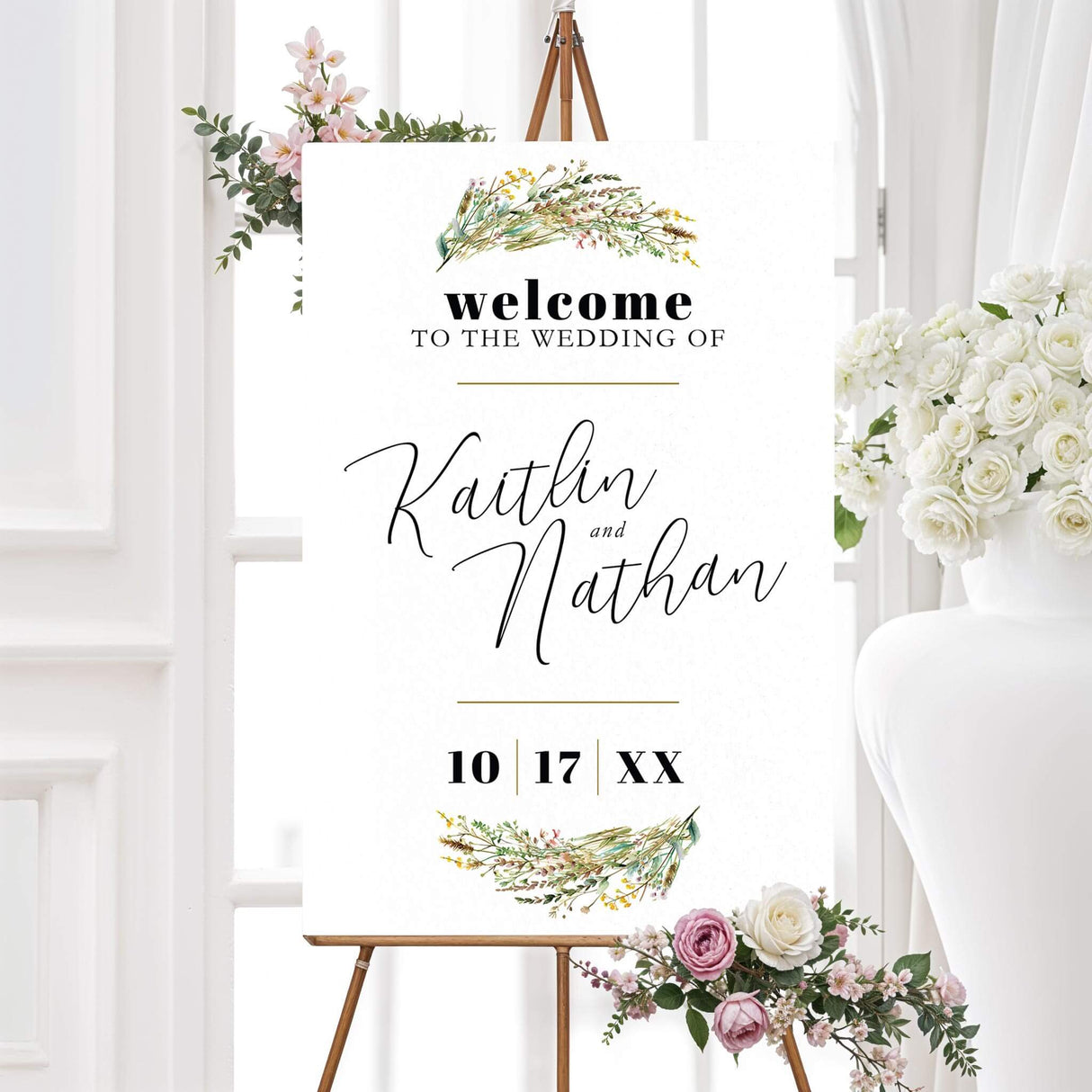 Wedding welcome sign with watercolor floral accents and custom script text. Printed signage for garden weddings, barn venues, or outdoor ceremonies.